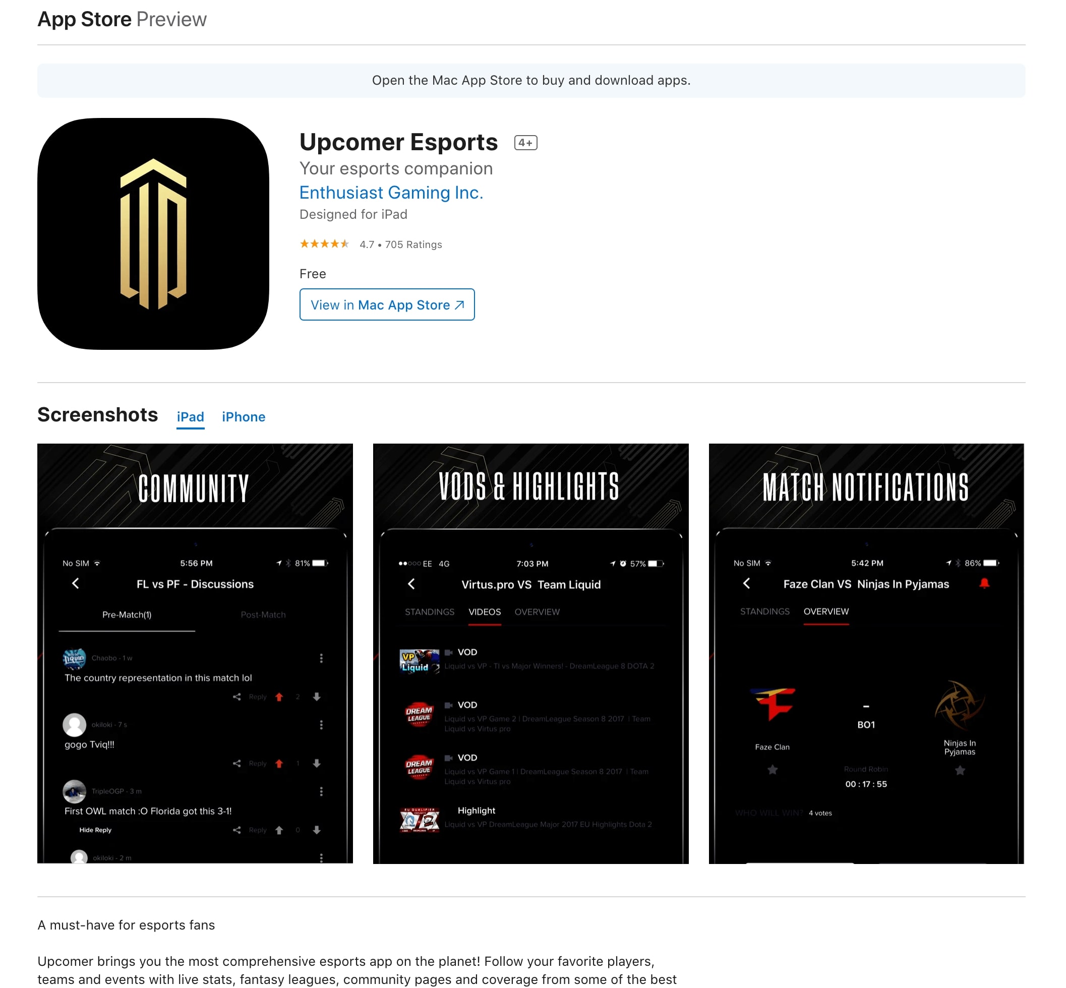 Upcomer Esports App Store